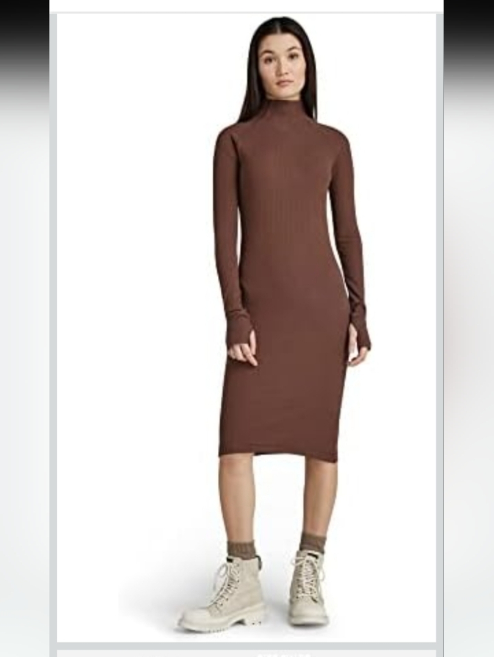G-Star Ribbed Slim Mock-Neck Chocolate Brown Midi Dress Womens Size Small New